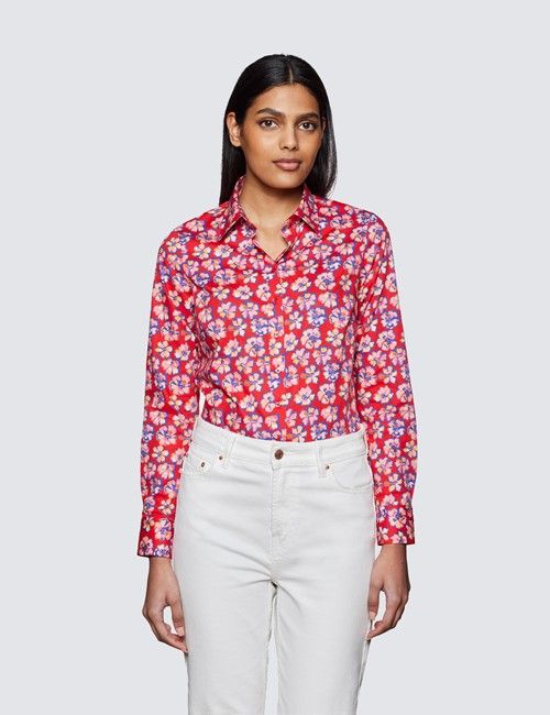 Women's Red & Purple Floral Print Semi Fitted Cotton Stretch Shirt