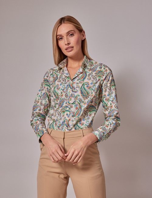Cream & Green Paisley Cotton Stretch Semi-Fitted Shirt