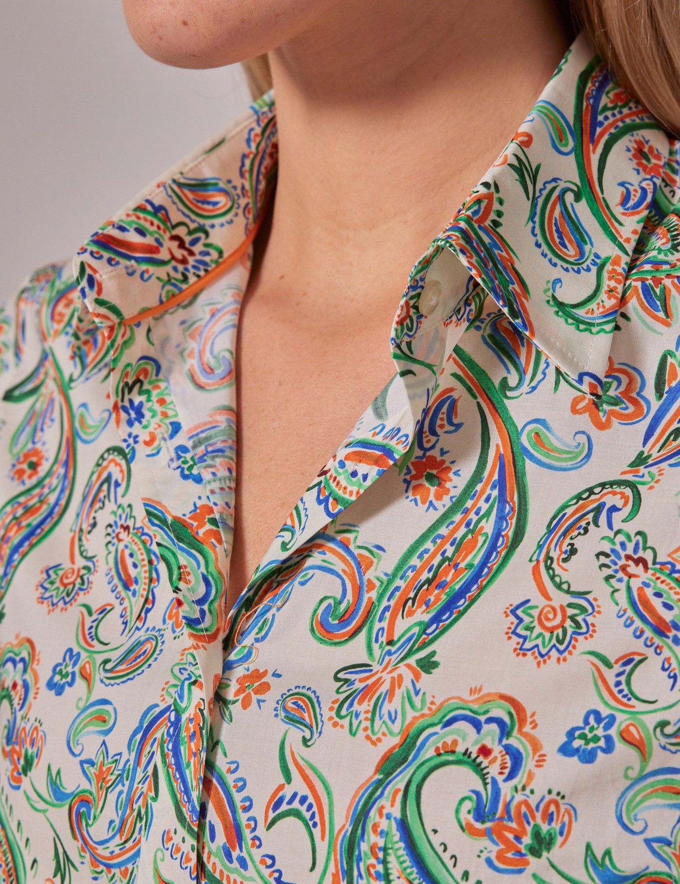 Cream & Green Paisley Cotton Stretch Semi-Fitted Shirt-preview