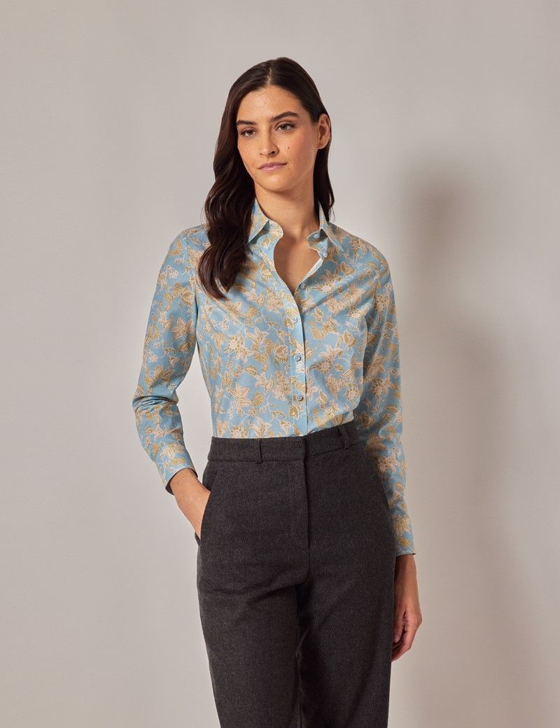 Women's Blue & Green Floral Cotton Stretch Semi-Fitted Shirt | Hawes &  Curtis