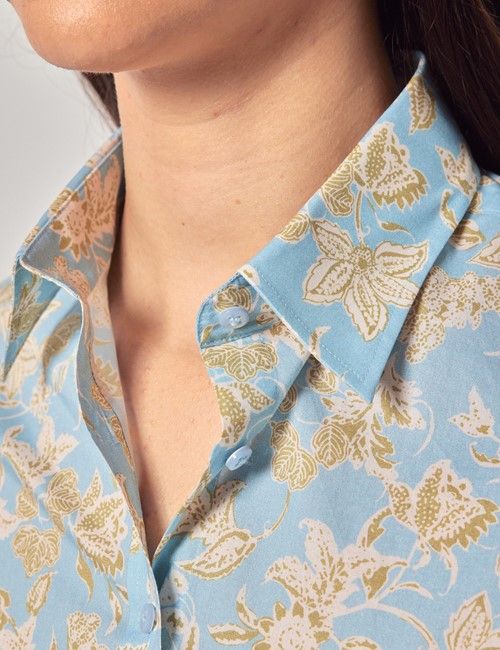 Blue & Green Floral Cotton Stretch Semi-Fitted Shirt-preview