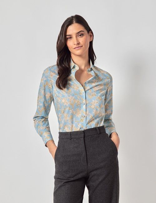 Blue & Green Floral Cotton Stretch Semi-Fitted Shirt