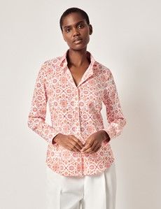 Semi-Fitted White & Red Abstract Shirt