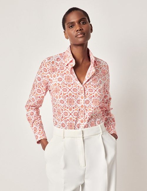 White & Red Abstract Cotton Semi-Fitted Shirt