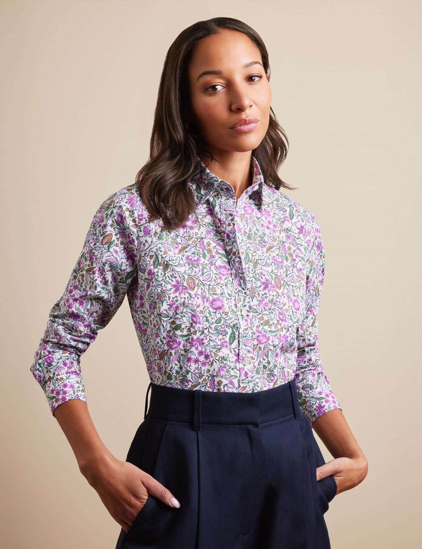 Fitted White & Green Vintage Floral Shirt