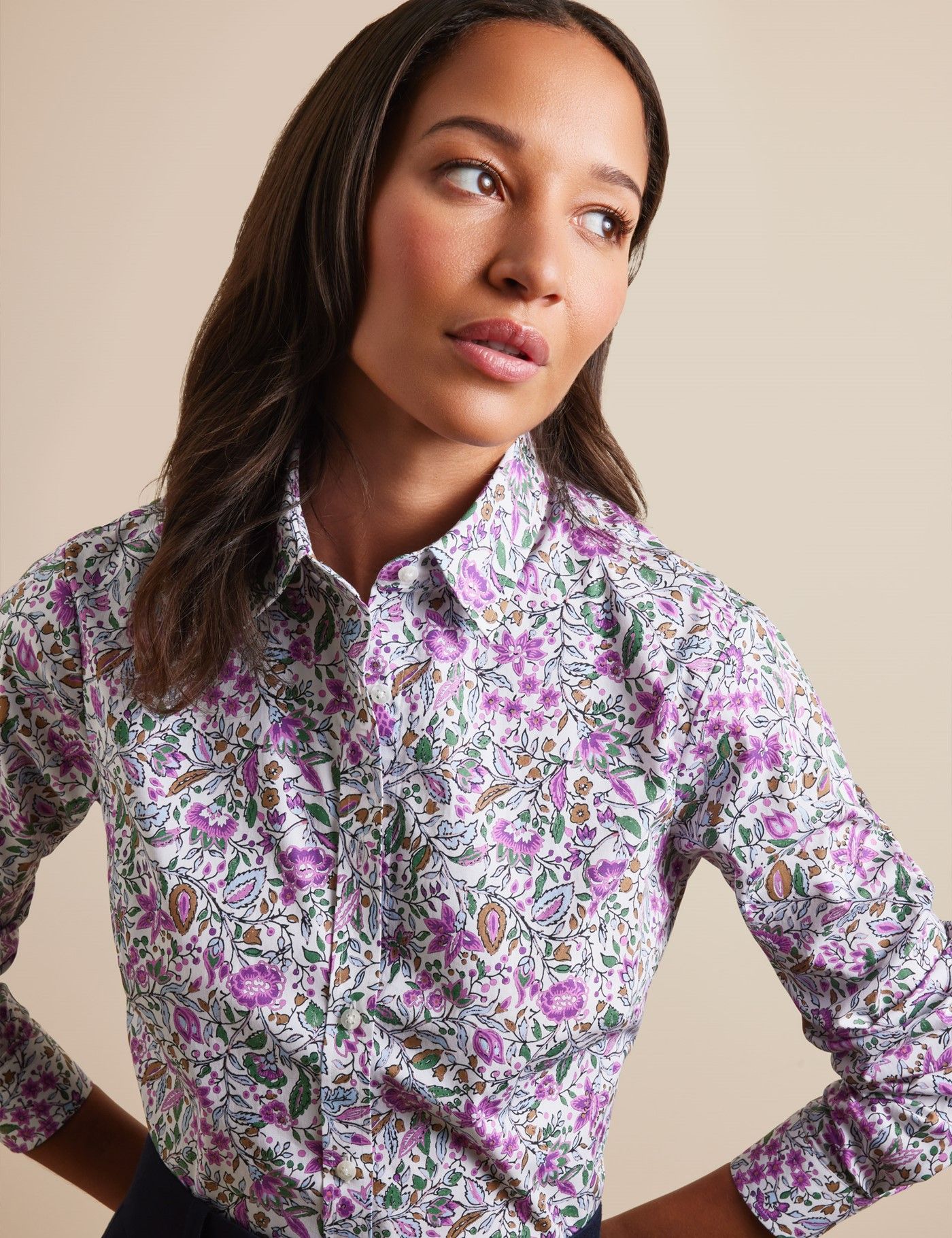 Fitted White & Green Vintage Floral Shirt