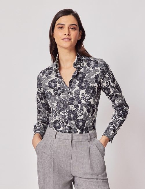 Cream & Black Floral Semi-Fitted Cotton Shirt
