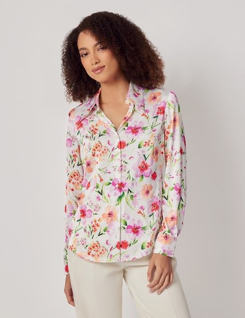 Cream & Pink Floral Semi-Fitted Satin Shirt