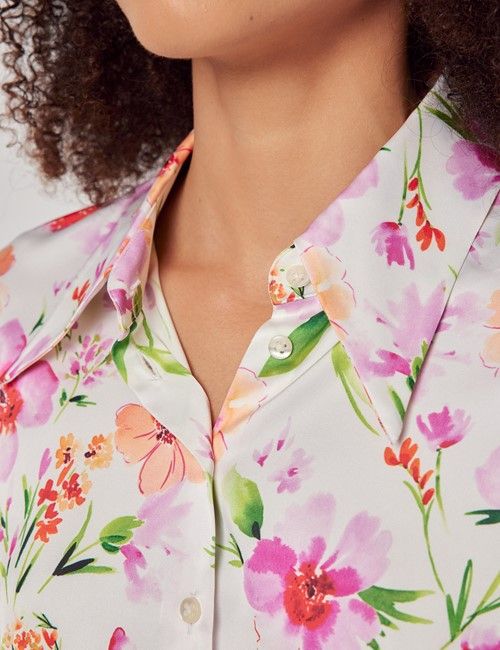 Cream & Pink Floral Semi-Fitted Satin Shirt-preview