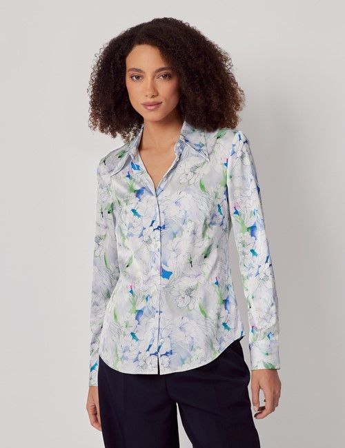 White & Green Floral Semi-Fitted Satin Shirt