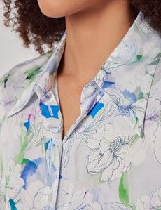 Semi-Fitted White & Green Floral Shirt