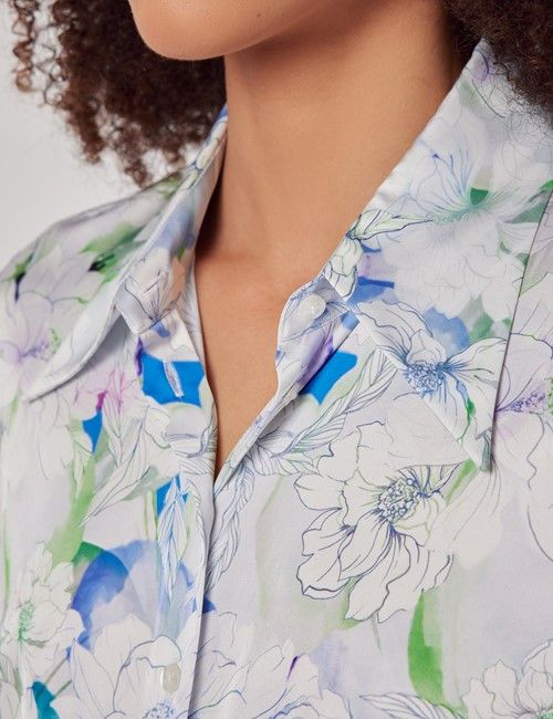 White & Green Floral Semi-Fitted Satin Shirt-preview