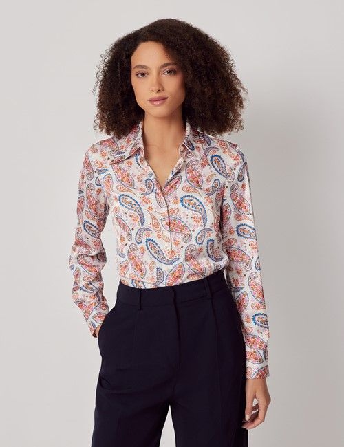 Cream & Pink Paisley Semi-Fitted Satin Shirt