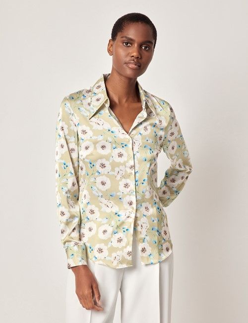 Green & Cream Floral Semi-Fitted Satin Shirt