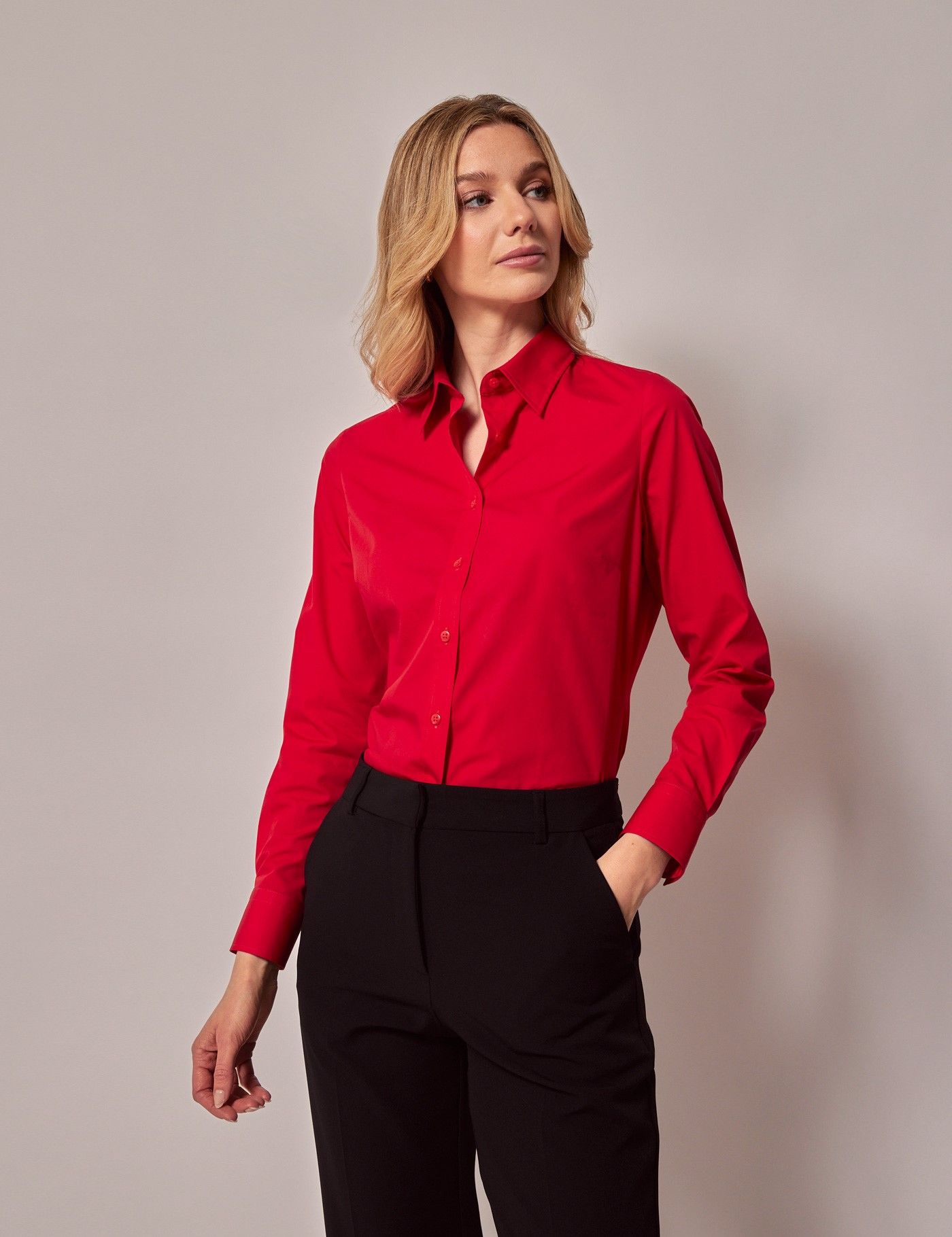 Women s Red Semi Fitted Cotton Shirt Hawes Curtis