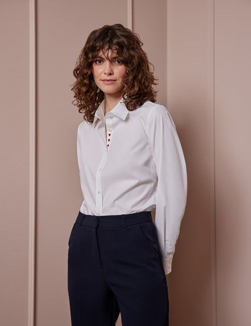 White Valentine's Embroidered Heart Semi-Fitted Cotton Shirt