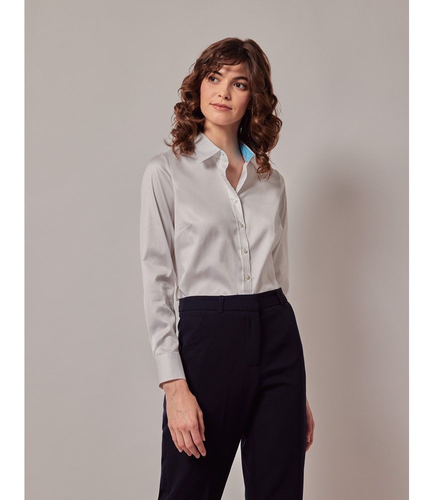 Women's White Semi-Fitted Shirt - Contrast Detail | Hawes