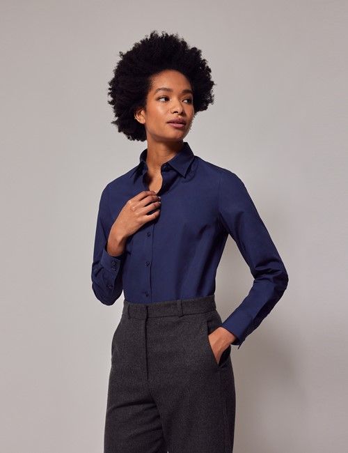 Navy Poplin Cotton Semi-Fitted Shirt