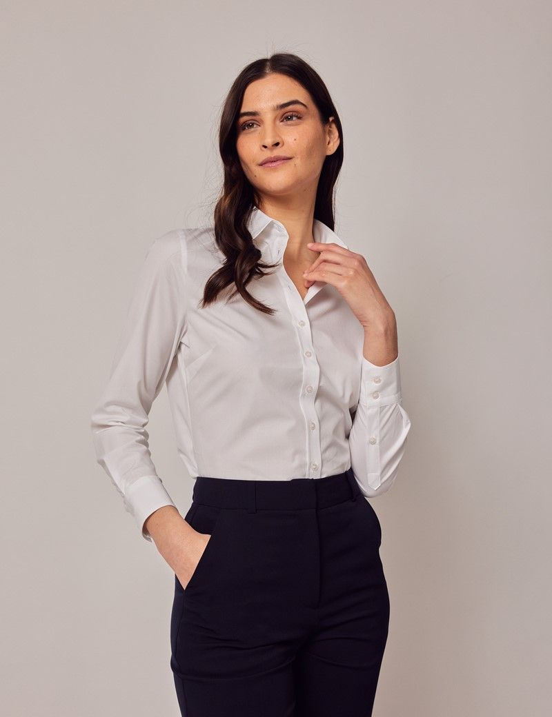 Women's White Poplin Semi-Fitted Shirt - Single Cuffs | Hawes & Curtis