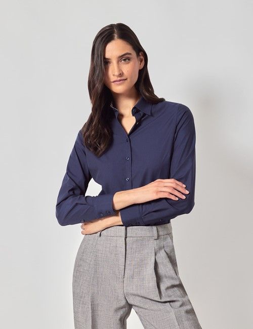 Navy Cotton Semi-Fitted Shirt - Contrast Detail