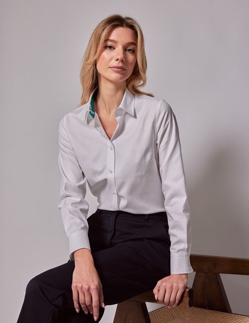White Twill Semi-Fitted Cotton Shirt - Contrast Detail