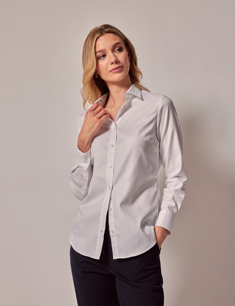 Women's White Twill Semi-Fitted Cotton Shirt - Contrast Detail | Hawes ...