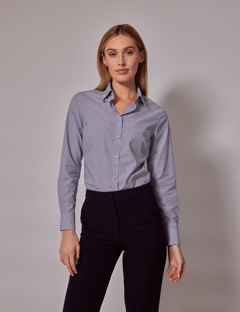 Women's Blue & Yellow Butterfly Dobby Semi-Fitted Cotton Shirt | Hawes ...