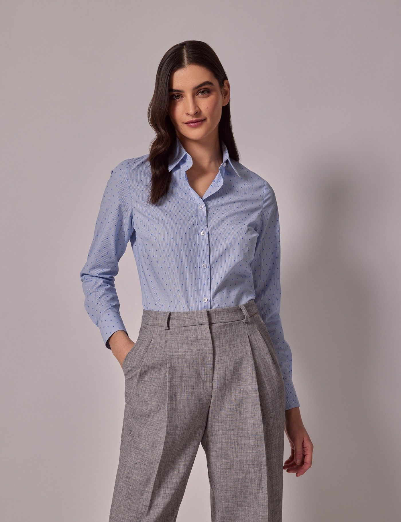 Women's Blue Striped Dobby Stars Semi-Fitted Cotton Shirt | Hawes & Curtis