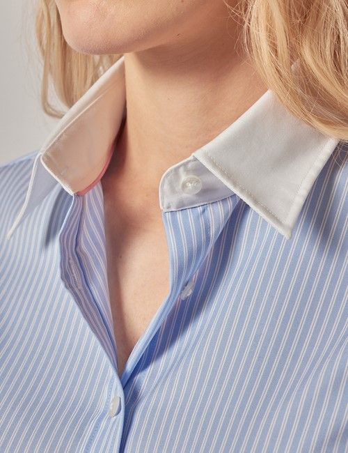 Blue & White Double Stripe Semi-Fitted Cotton Shirt - White Collar and Cuffs-preview