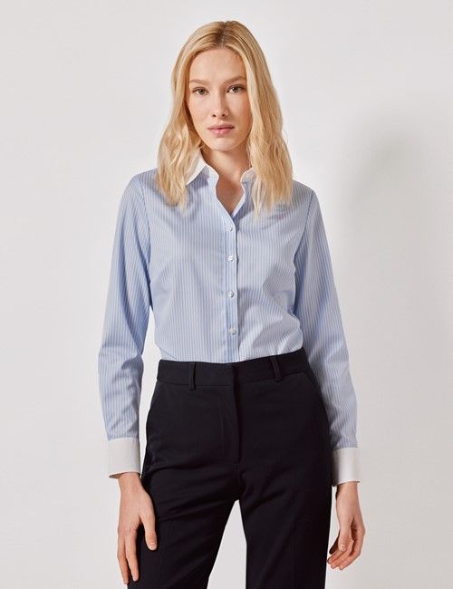 Blue & White Double Stripe Semi-Fitted Cotton Shirt - White Collar and Cuffs