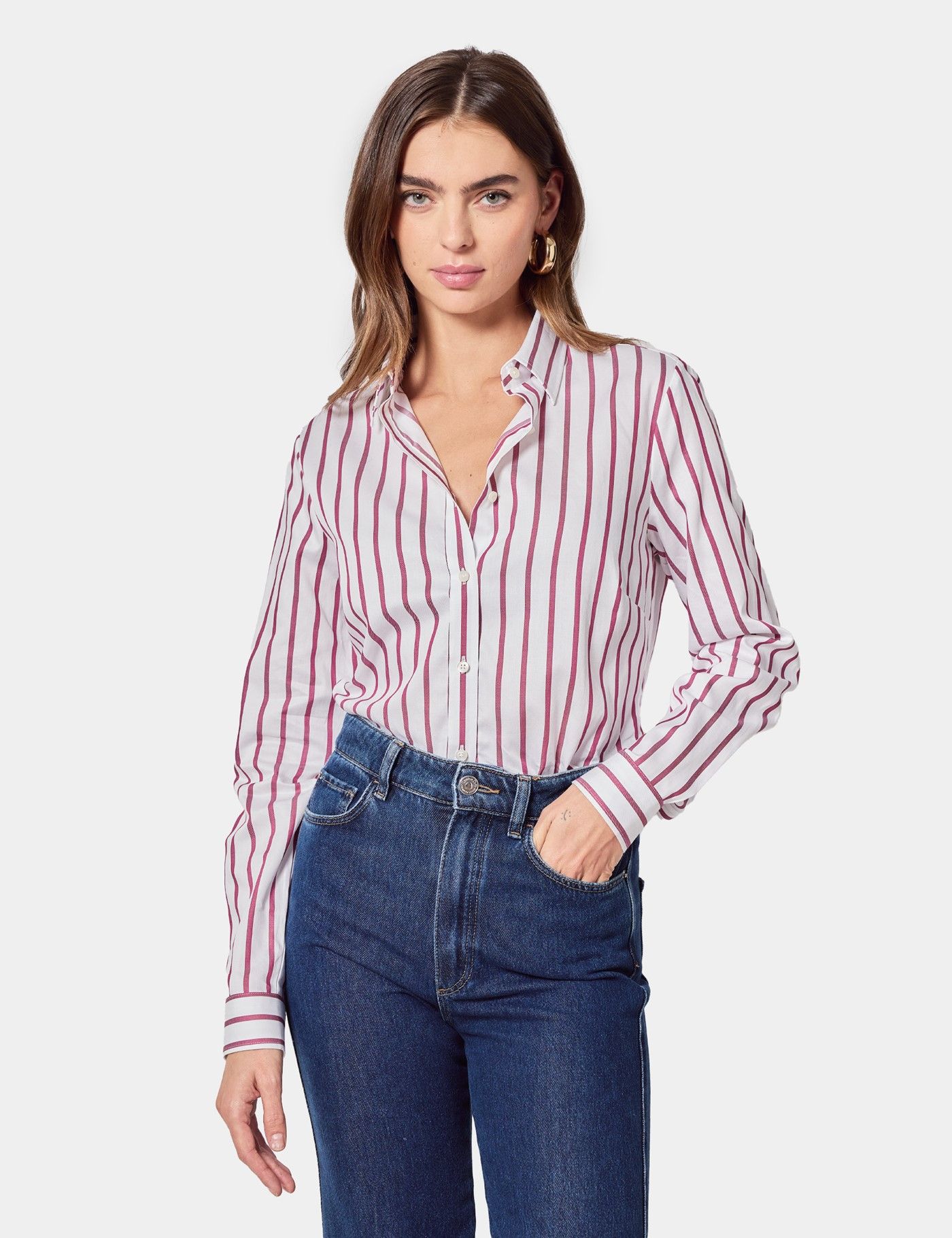 Semi-Fitted White & Burgundy Wide Stripe Executive Shirt