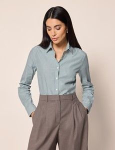 Semi-Fitted Green & White Fine Stripe Shirt