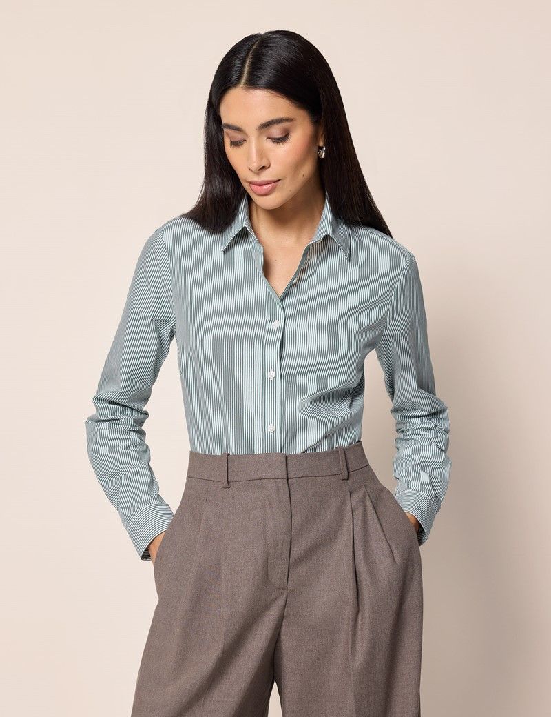 Semi-Fitted Green & White Fine Stripe Shirt