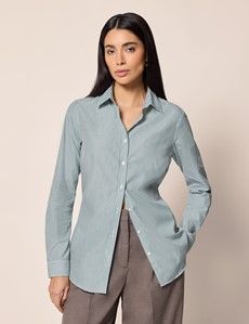 Semi-Fitted Green & White Fine Stripe Shirt