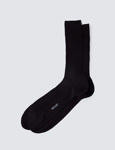 Black Plain Ribbed Cotton Socks