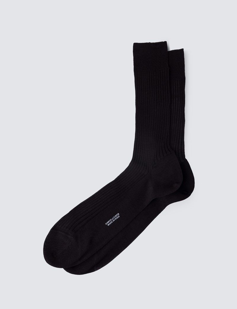 Men's Black Plain Ribbed Cotton Socks | Hawes & Curtis