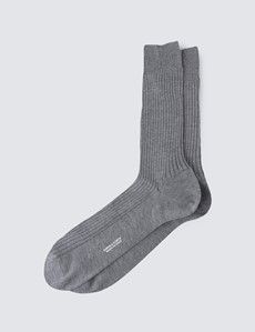 Grey Plain Ribbed Cotton Socks