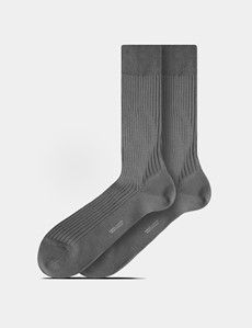 Grey Plain Ribbed Cotton Socks
