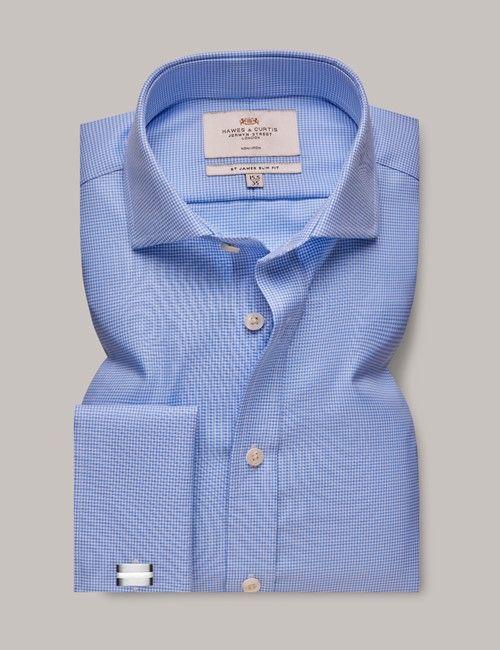 Non-Iron Blue & White Dogtooth Slim Shirt - Windsor Collar - French Cuff-preview