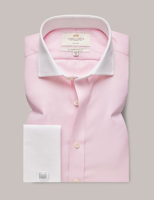 Non-Iron Pink & White Dogtooth Slim Shirt With White Collar and Cuffs-preview