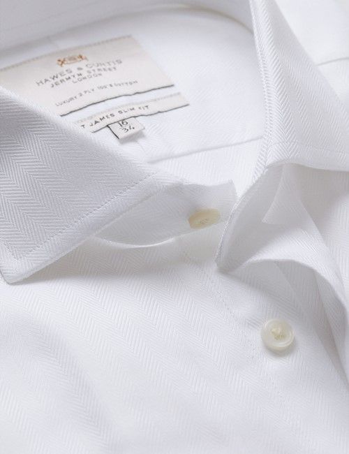 White Herringbone Slim Shirt - Windsor Collar - Double Cuffs