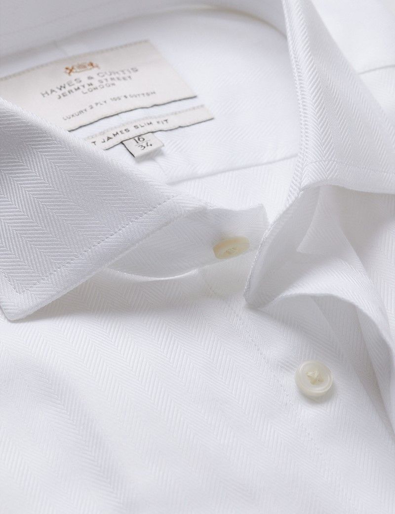 Slim Fit White Herringbone Shirt
