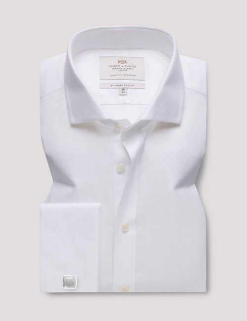 White Herringbone Slim Shirt - Windsor Collar - Double Cuffs-preview