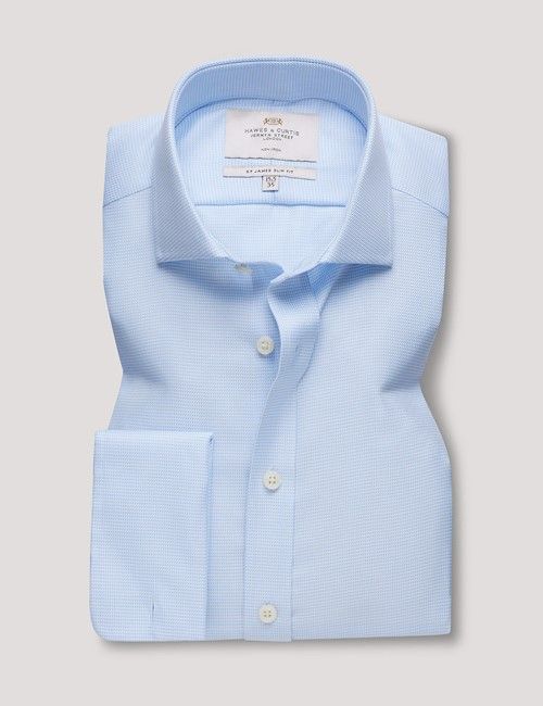Non-Iron Blue Textured Weave Slim Shirt - Windsor Collar - Double Cuff-preview