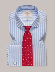 Non-Iron Blue & White Bold Stripe Slim Shirt - French Cuff-preview2