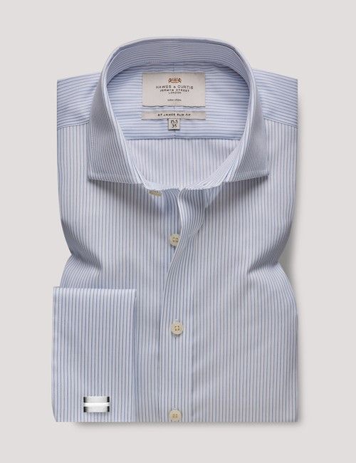 Non-Iron Blue & Navy Guarded Stripe Slim Shirt - French Cuff-preview