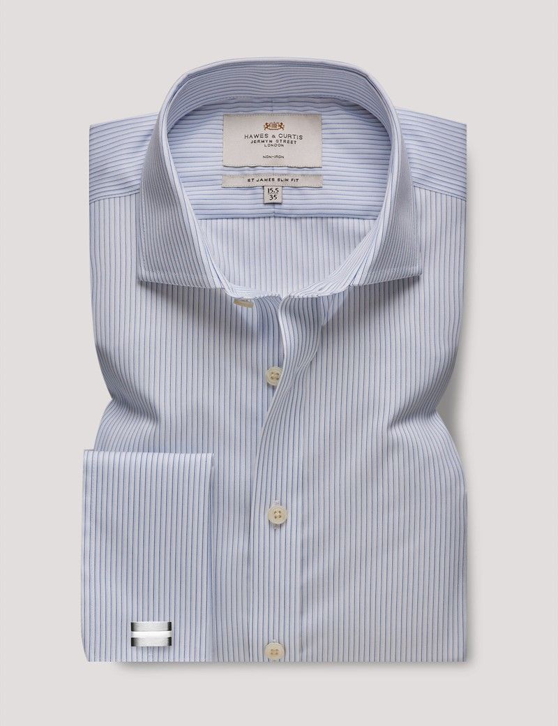 Slim Blue & Navy Guarded Stripe Non-Iron Shirt-preview