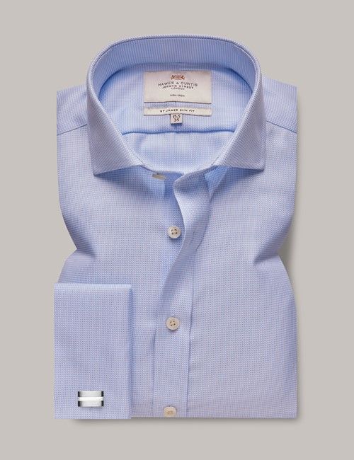 Non-Iron Blue & White Fabric Interest Slim Shirt - Windsor Collar - Double Cuff-preview