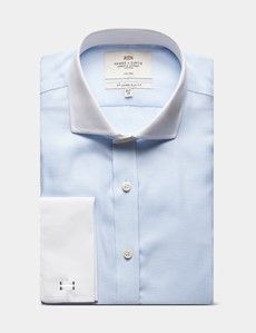 Slim Fit Blue & White Textured Weave Non-Iron Shirt