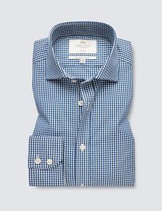 Non-Iron Navy & White Gingham Check Slim Shirt - Windsor Collar